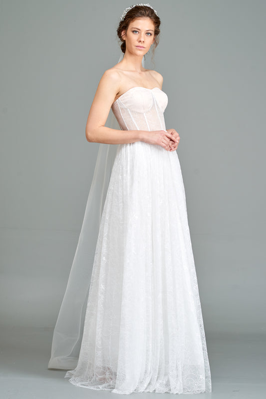 Sheer Bodice Lace Long Dress
