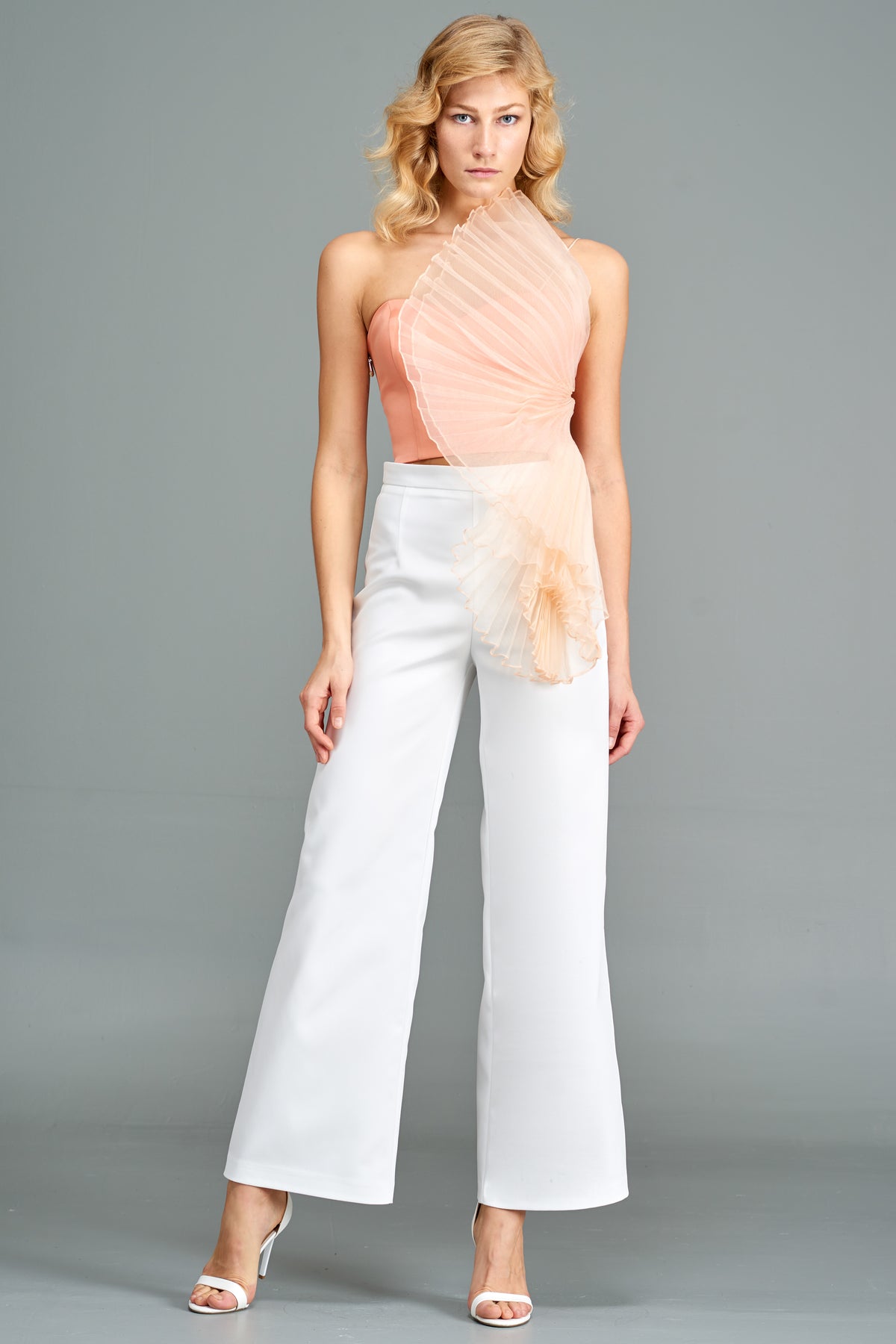 Pleated Side Detailed Crop Top with High-Waisted Wide Leg Pant