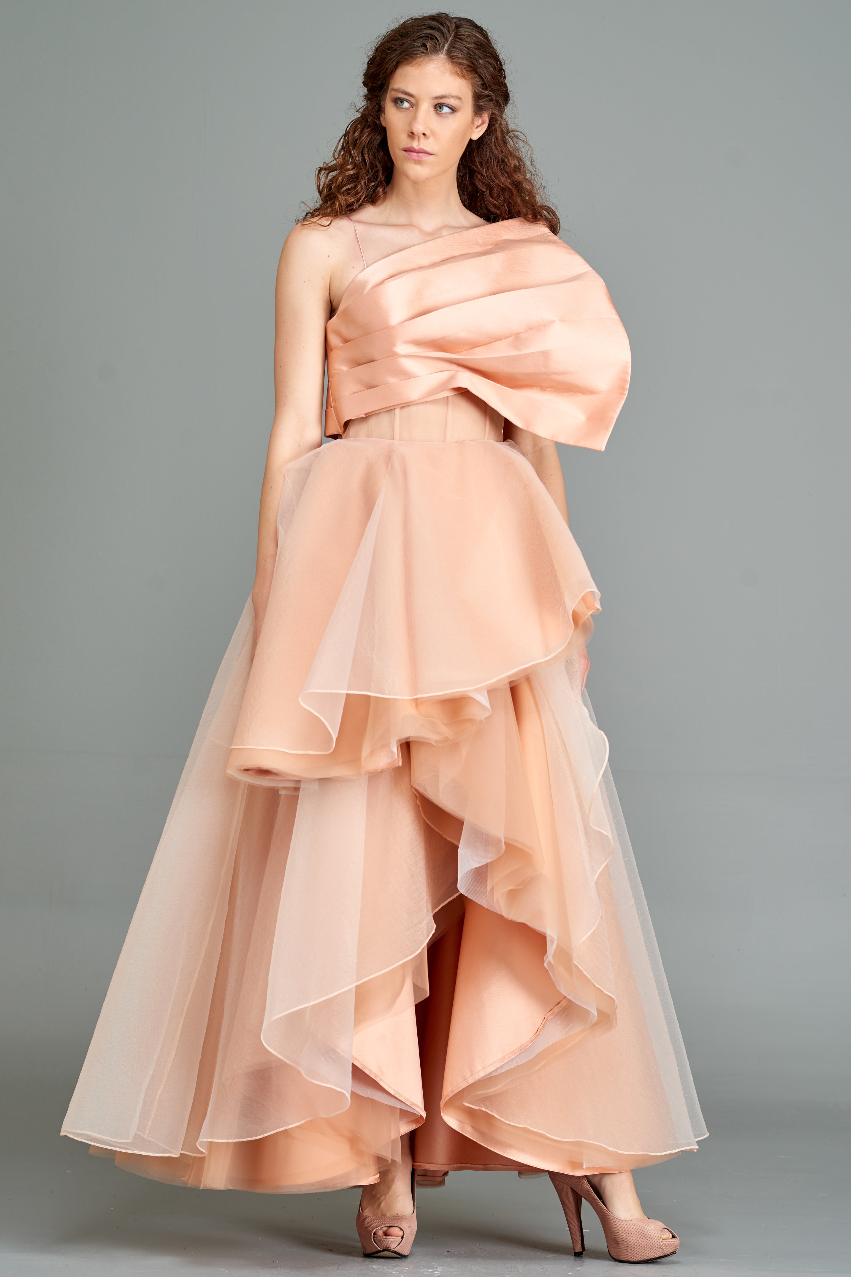 Draped Taffeta Bodice and Organza Layered Gown Pink Draped Taffeta Bodice and Organza Layered Gown Pink