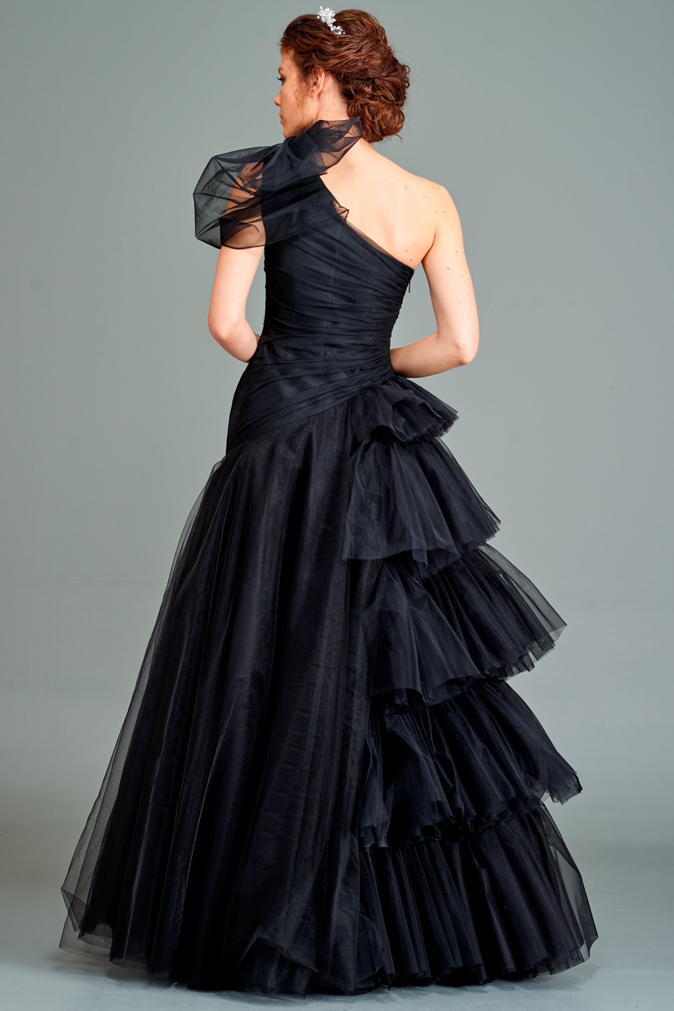 Draped Layered Tulle Gown Black Draped Layered Tulle Gown Black