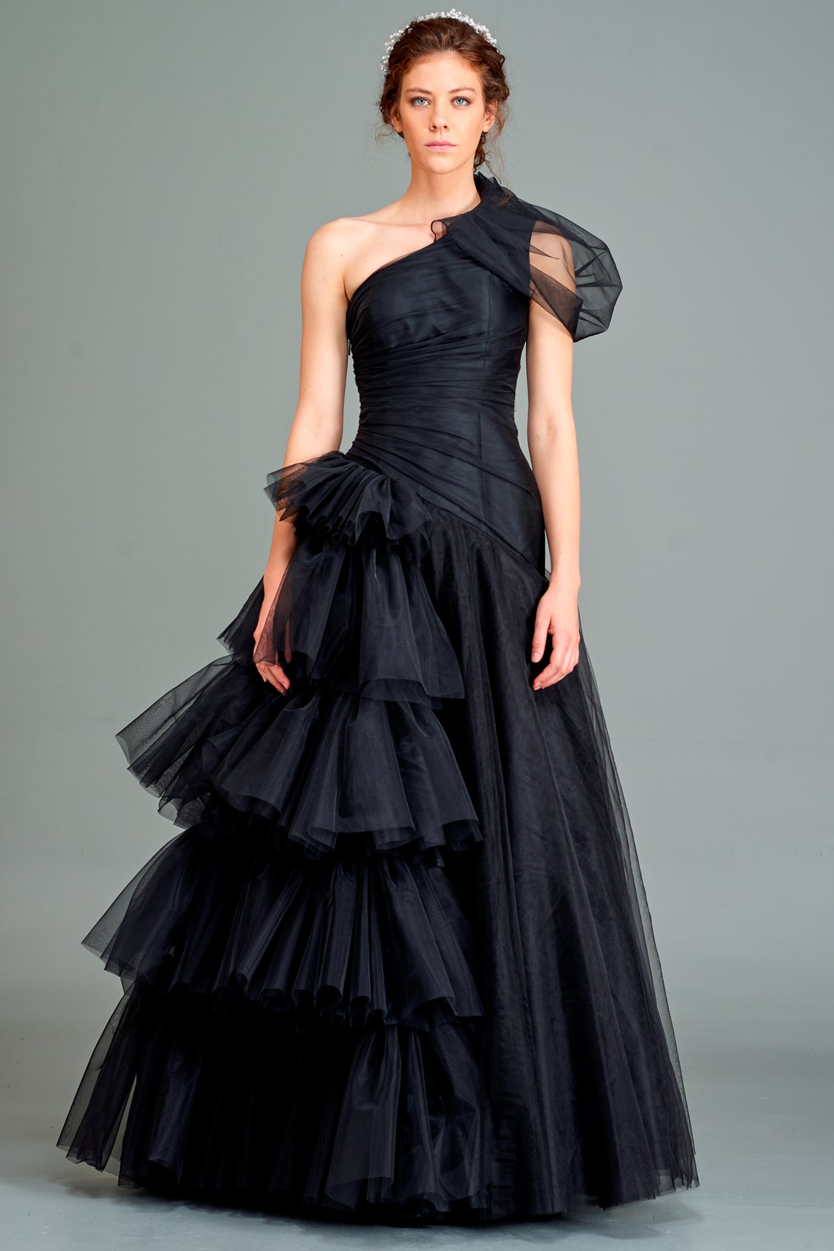 Draped Layered Tulle Gown