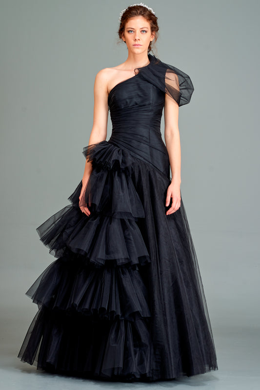 Draped Layered Tulle Gown