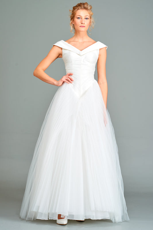 Draped Off-Shoulder Tulle Gown