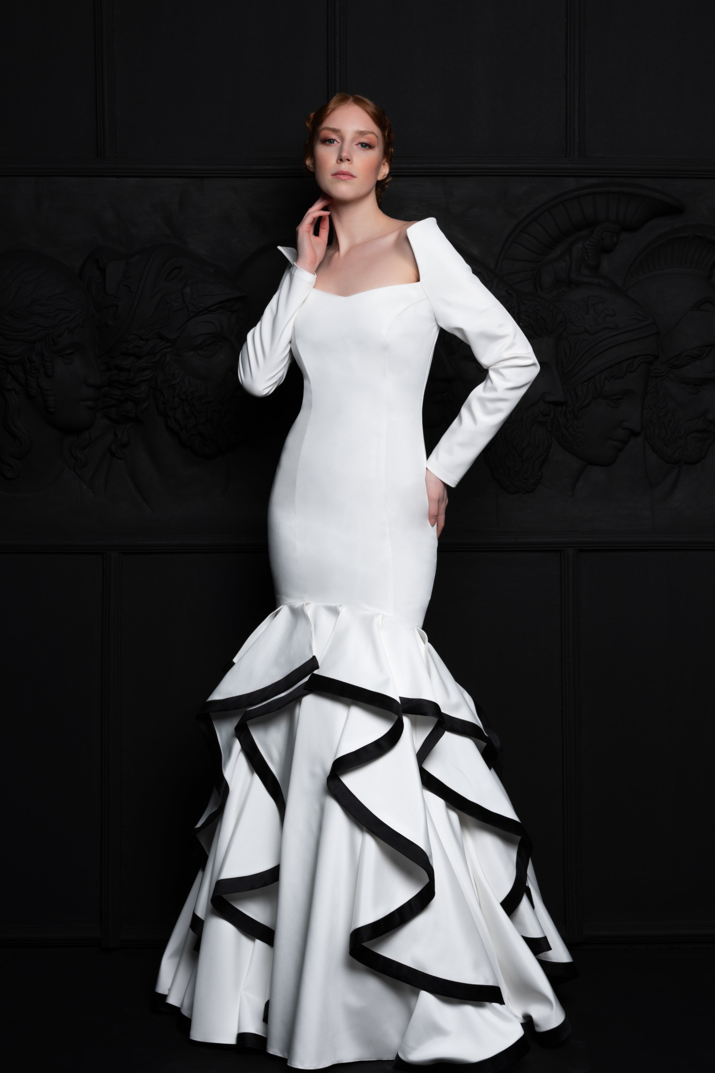 Square Neckline Long Sleeve Ruffled Skirt Detail Bridal Gown