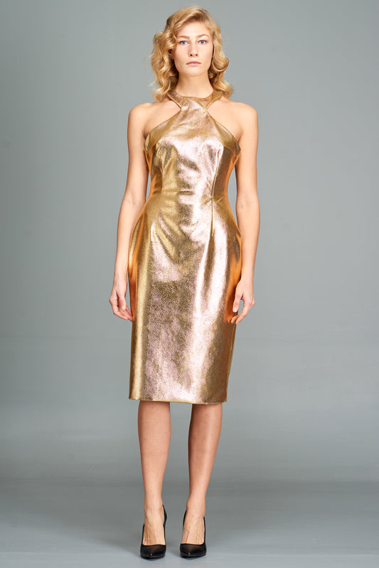 Halter Neckline Metallic Leatherette Dress