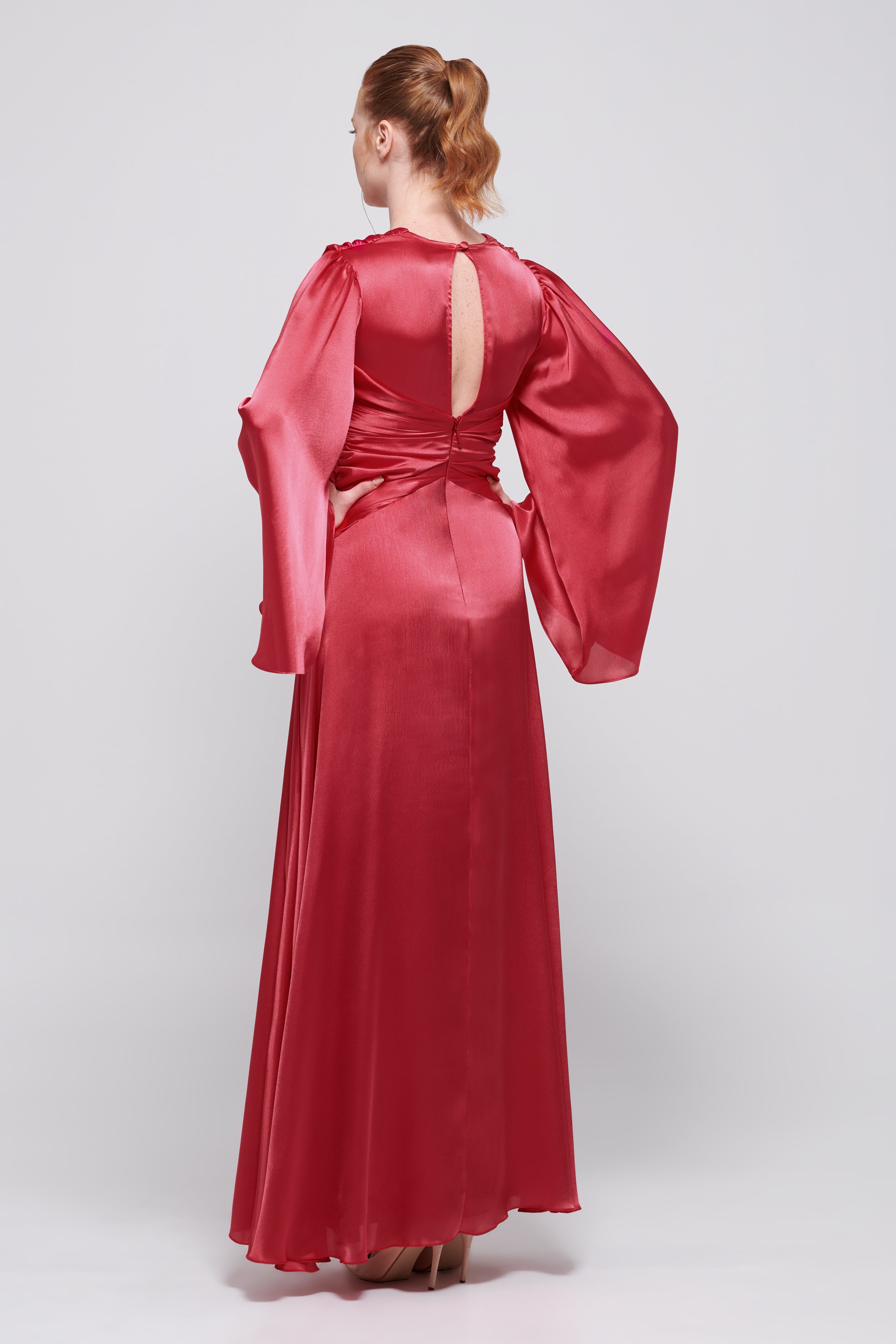 Long Sleeve Vermilion Silk-Satin Gown