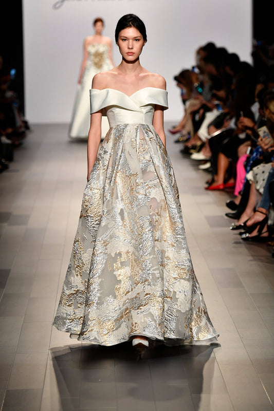 Metallic Burn-Out Organza and Taffeta Slit Long Dress