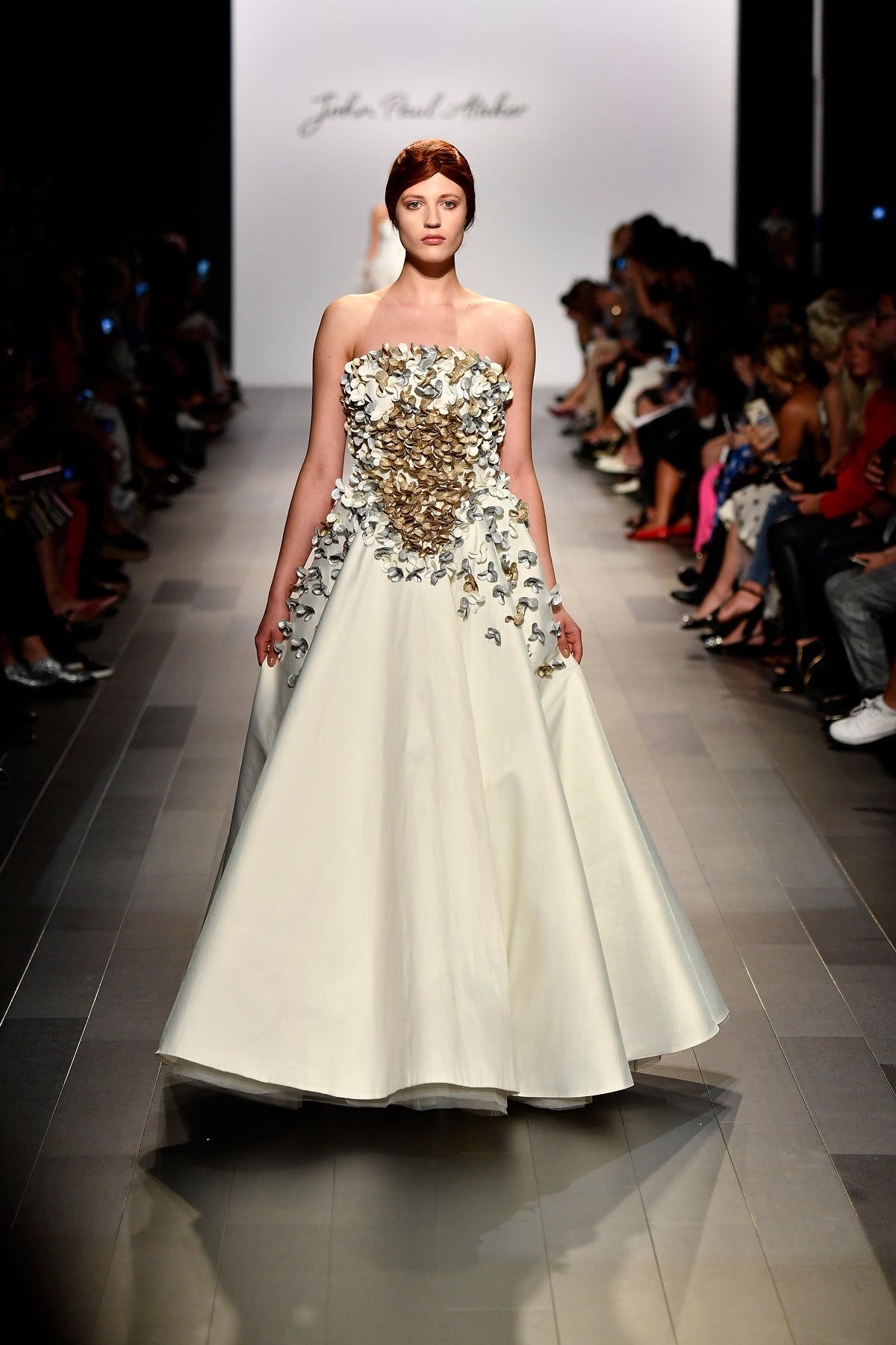 Strapless Taffeta Long Dress with 3D Flower Appliqué