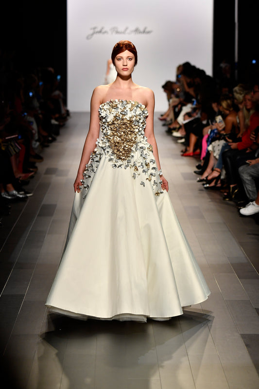 Strapless Taffeta Long Dress with 3D Flower Appliqué