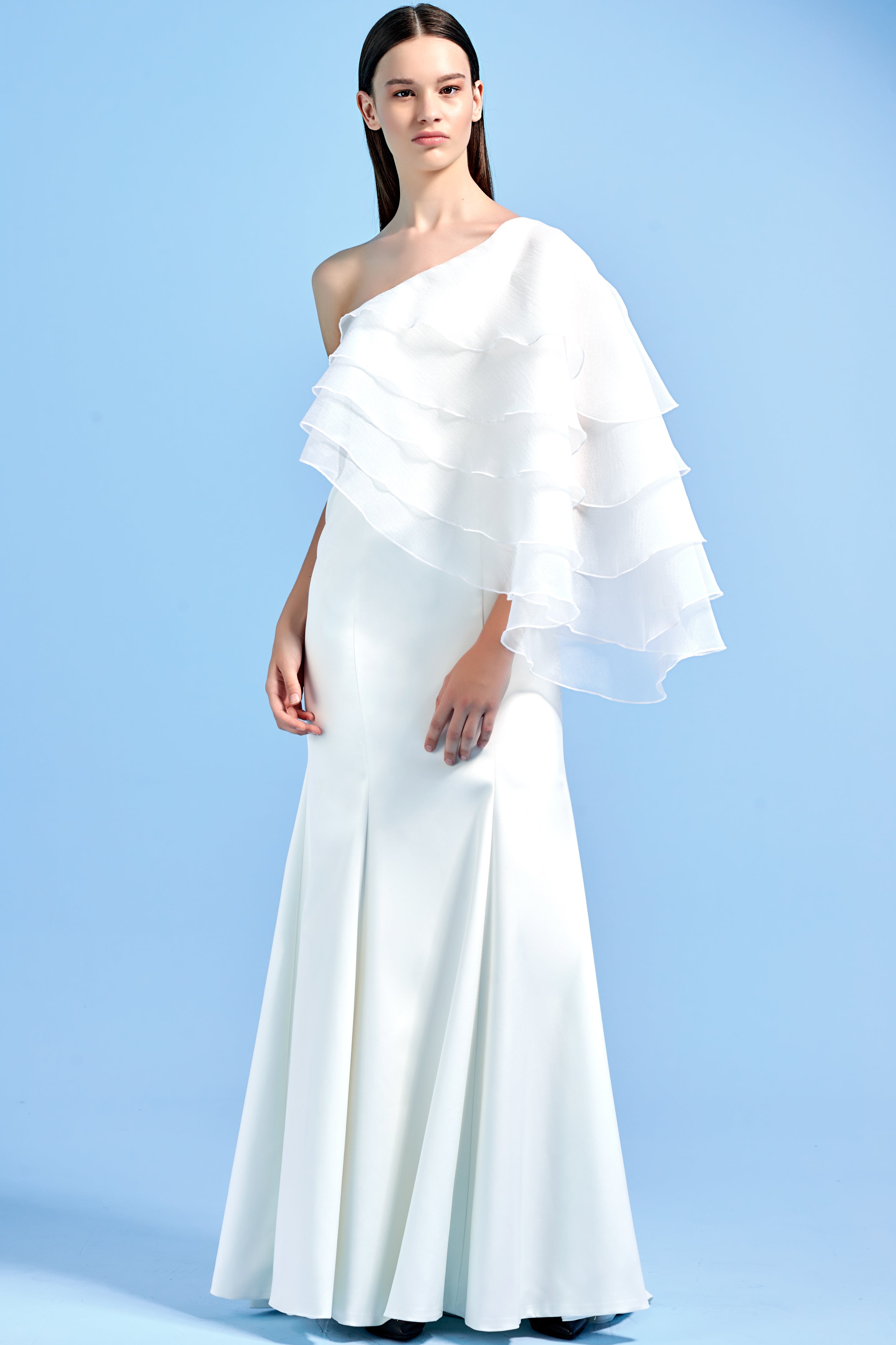 Long Dress with Organza Layered Cape
