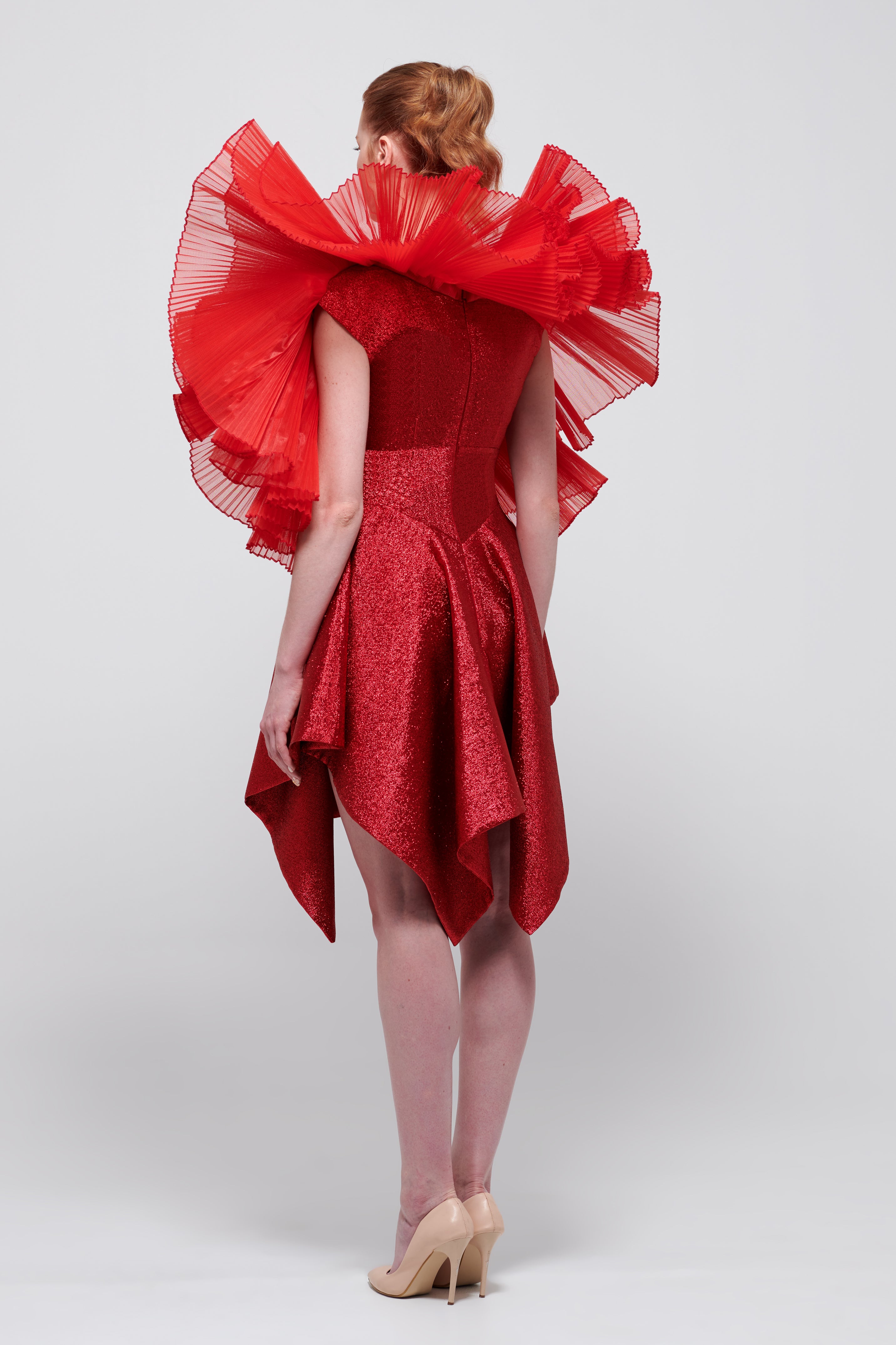 red organza dress Women's Silk Layered designed to make a grand statement Organza Pleated Sleeve Detail Short