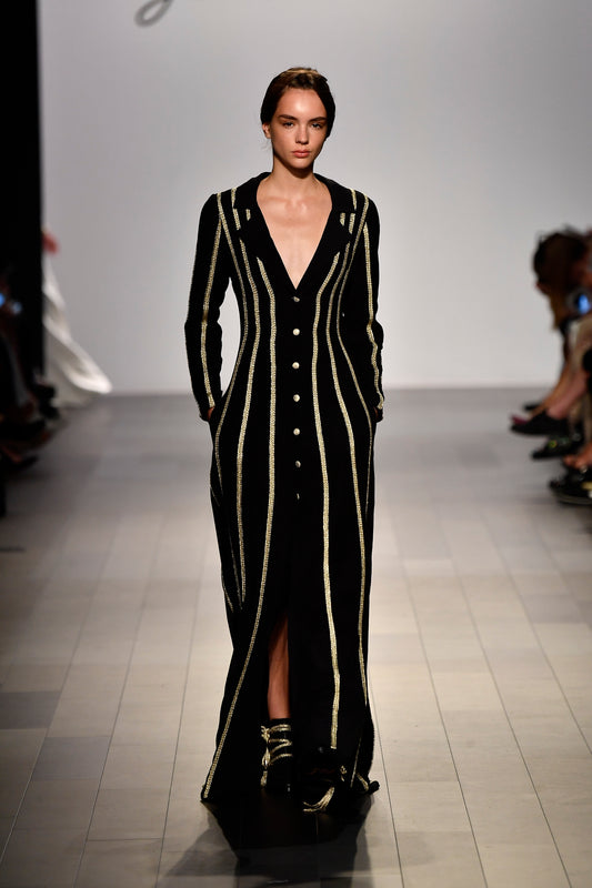 Metallic Cord Striped Viscose Jacquard Long Dress