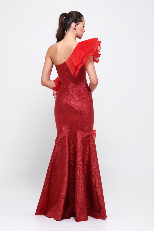 One Shoulder Ruffle Detail Fitted Red Long Gown