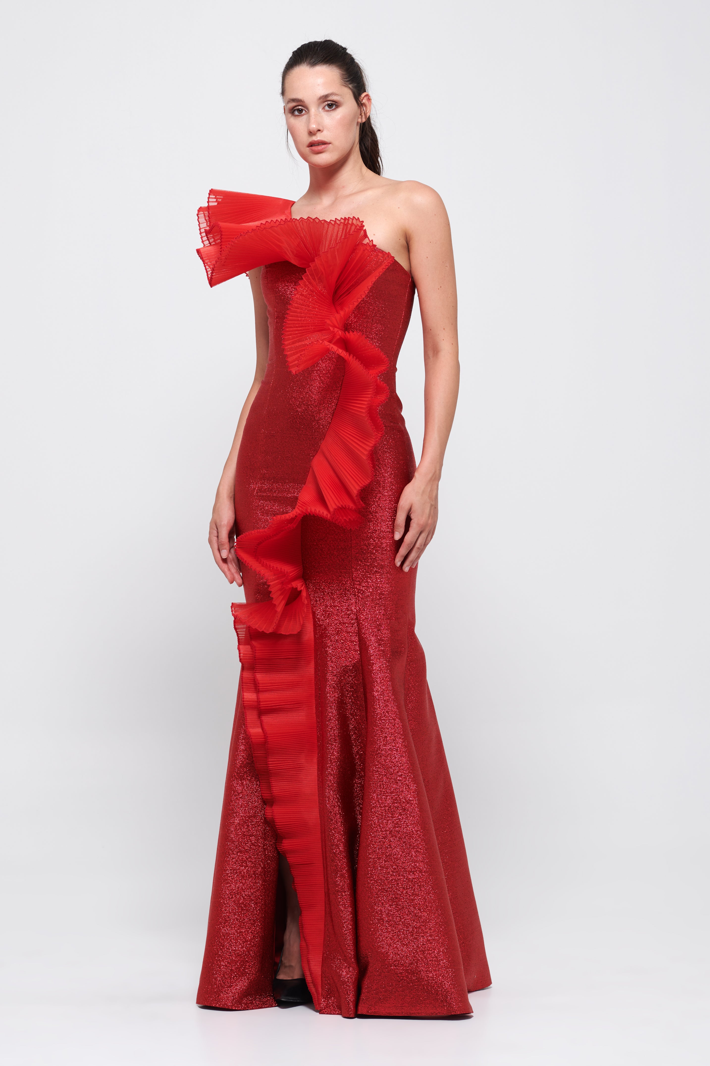One Shoulder Ruffle Detail Fitted Red Long Gown
