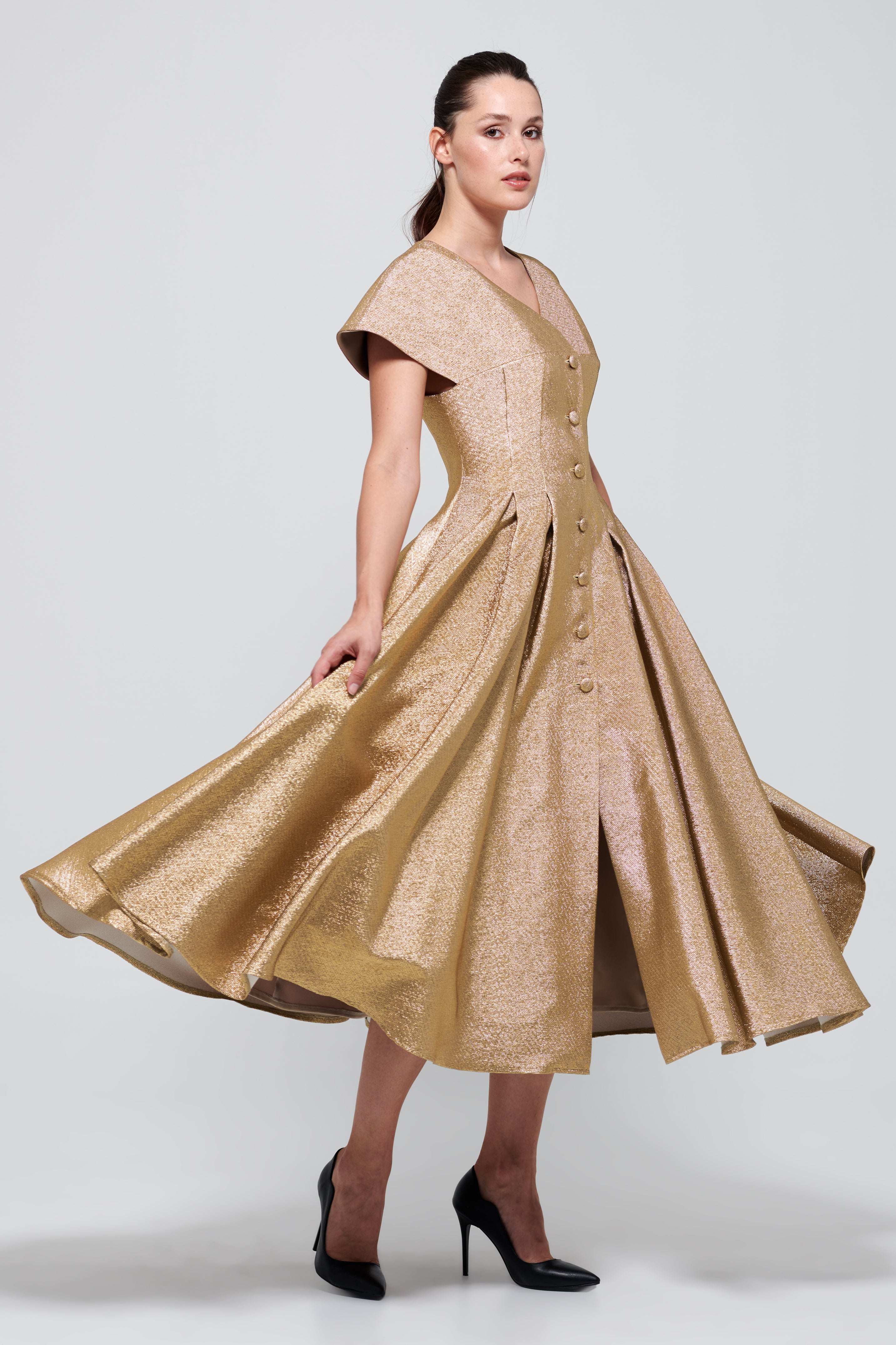 V-Neckline Gold Midi Dress