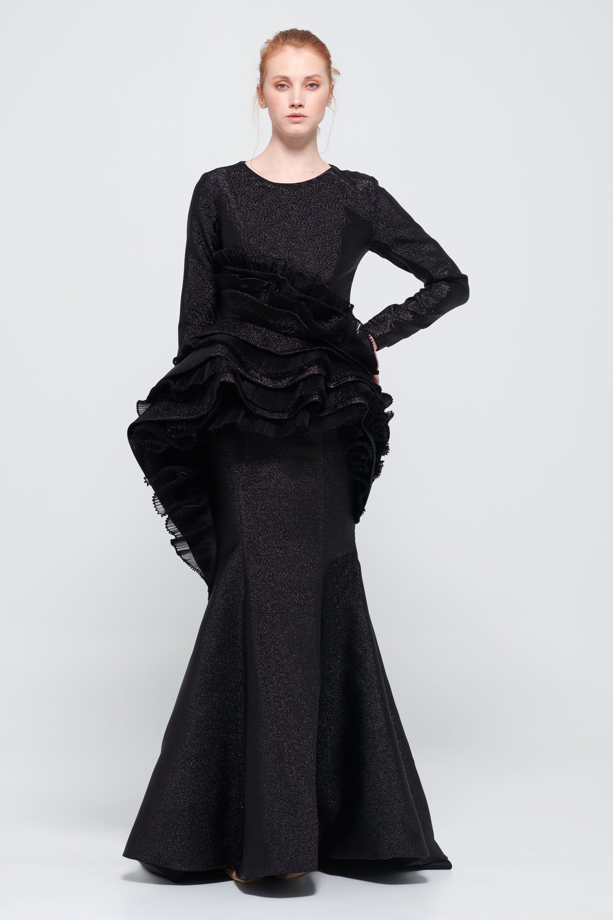 Ruffled Peplum Detail Black Mermaid Dress
