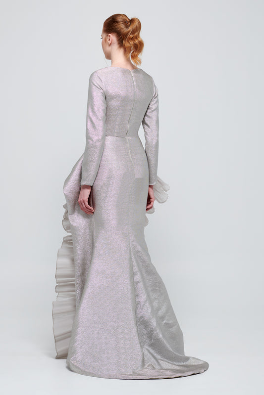 Ruffled Peplum Detail Long Sleeve Gray Gown