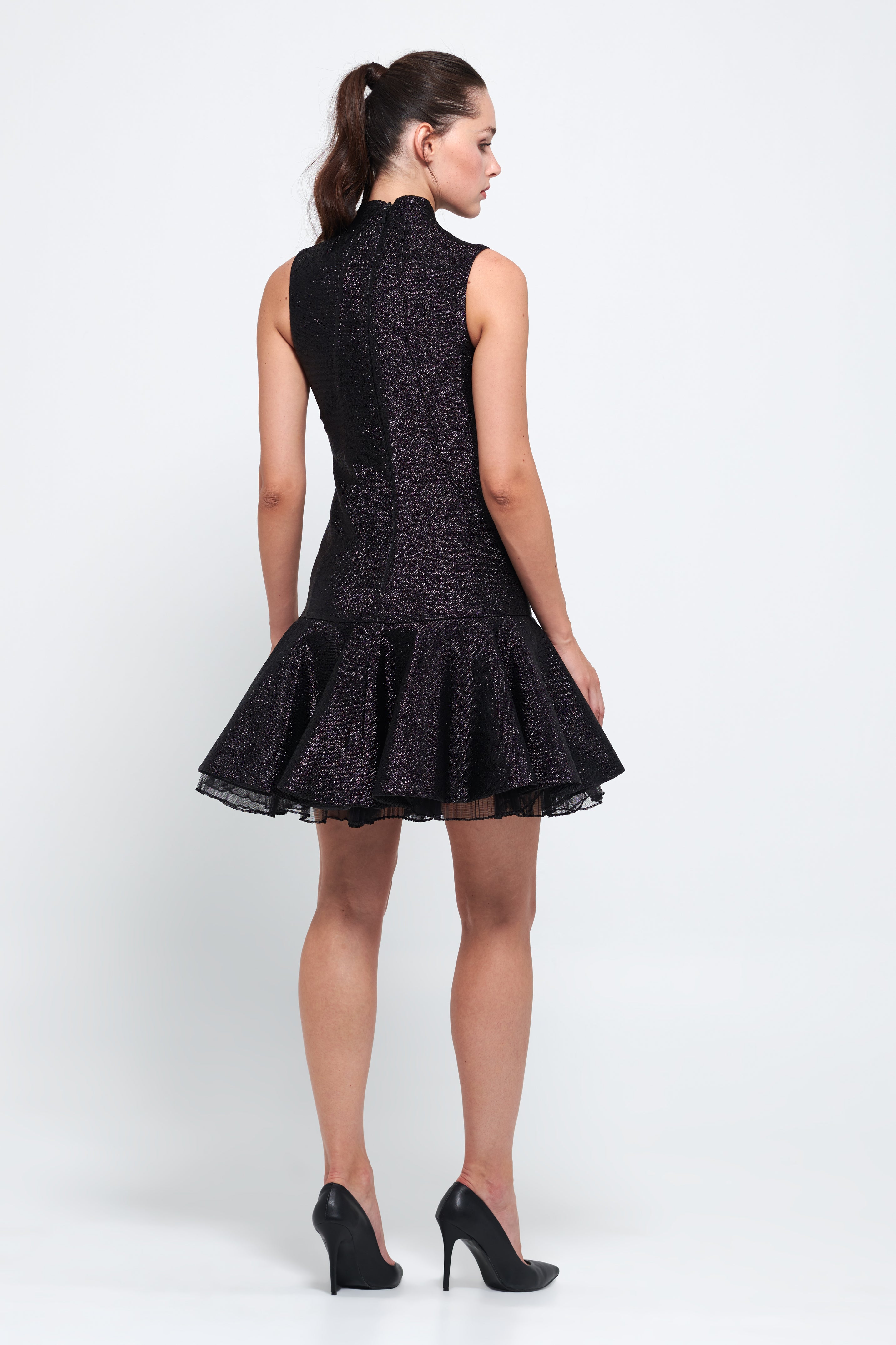 Stand Color Ruffle Detail Black Mini Dress