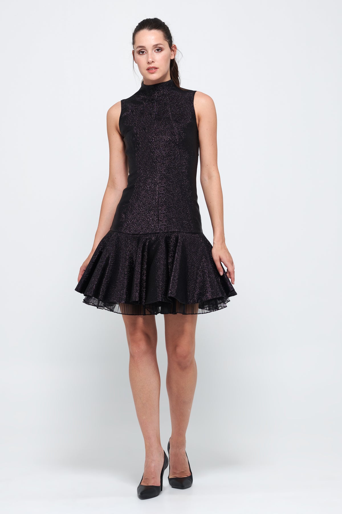 Stand Color Ruffle Detail Black Mini Dress