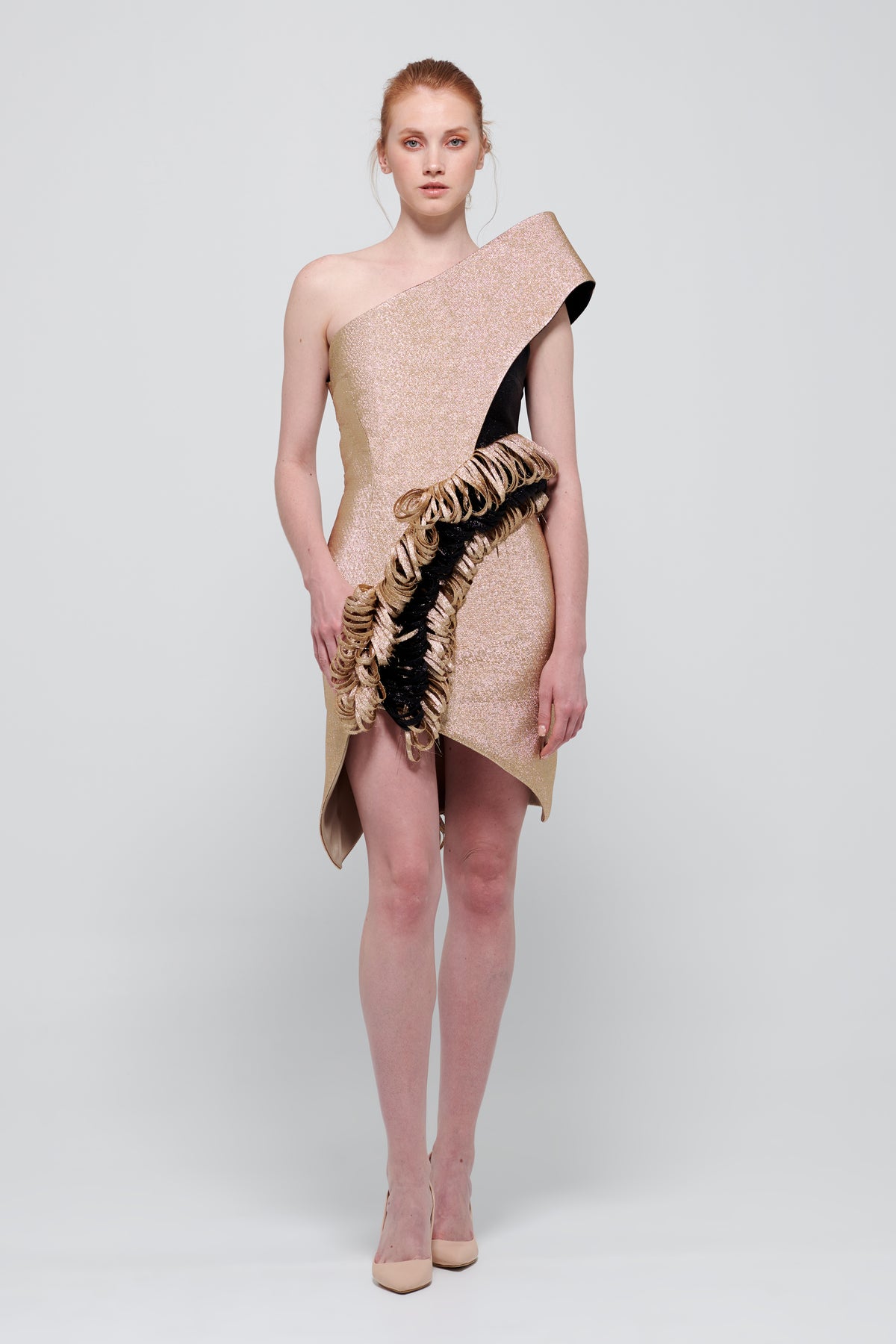 Symmetrical Slit Detail One Shoulder Mini Gold Dress John Paul Ataker Symmetrical Slit Detail One Shoulder Mini Gold Dress John Paul Ataker