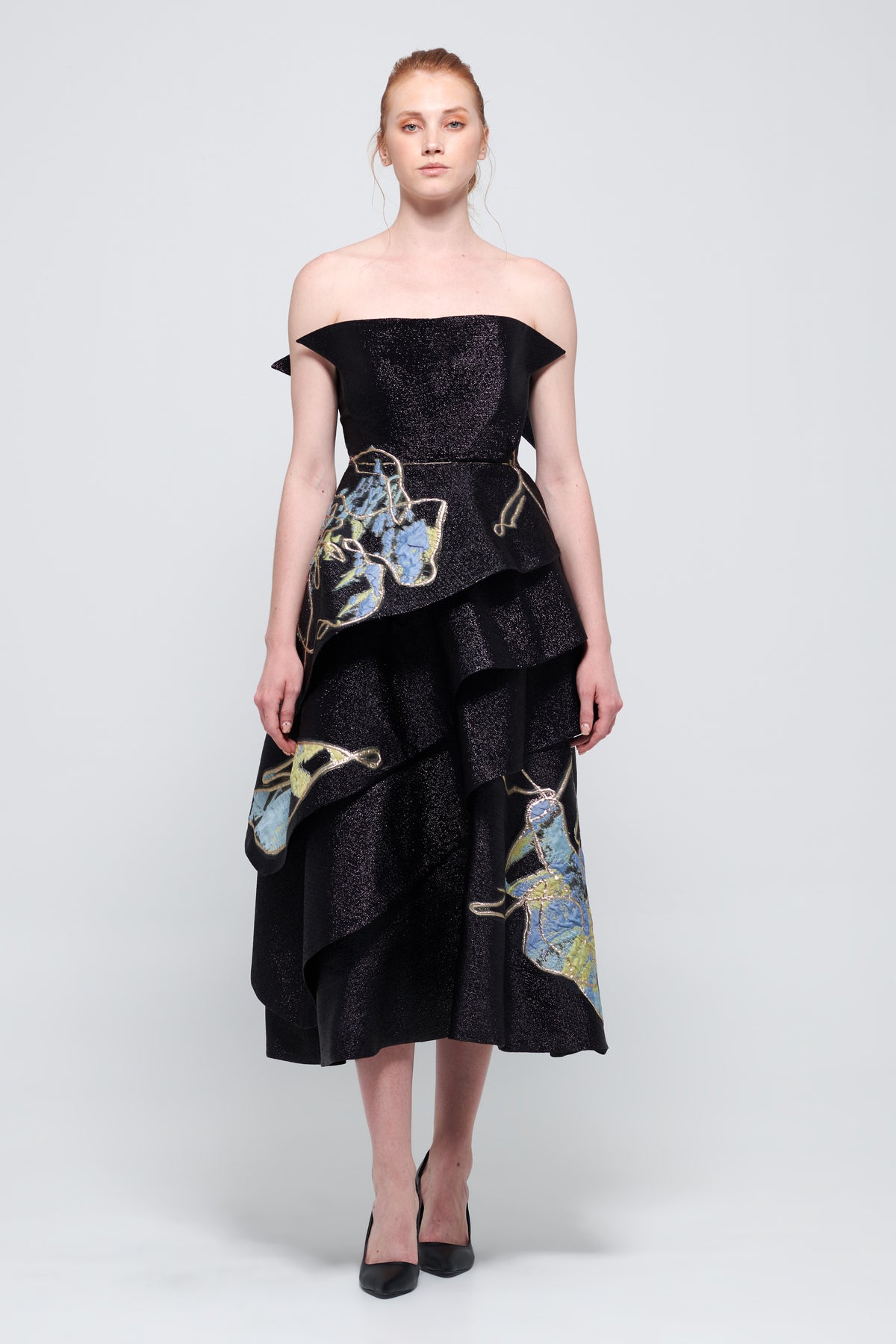 Fan Effect Strapless Midi Gown