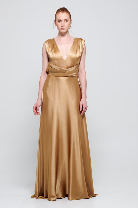 V-Neckline Silk-Satin Gold Dress