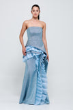 Ruffled Strapless Long Blue Gown