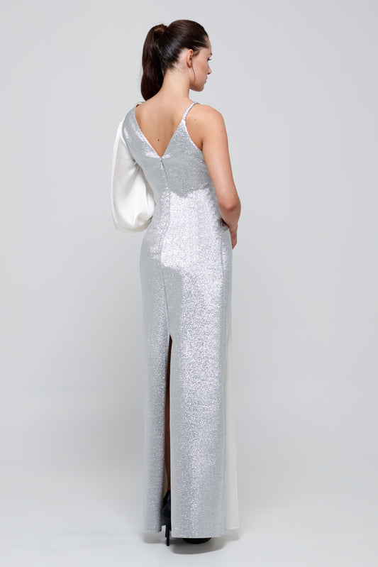 One Puffy Sleeve Silver and White Gown