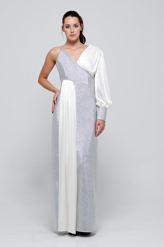 One Puffy Sleeve Silver and White Gown