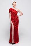 One Sleeve Long Red Silk-Satin Dress