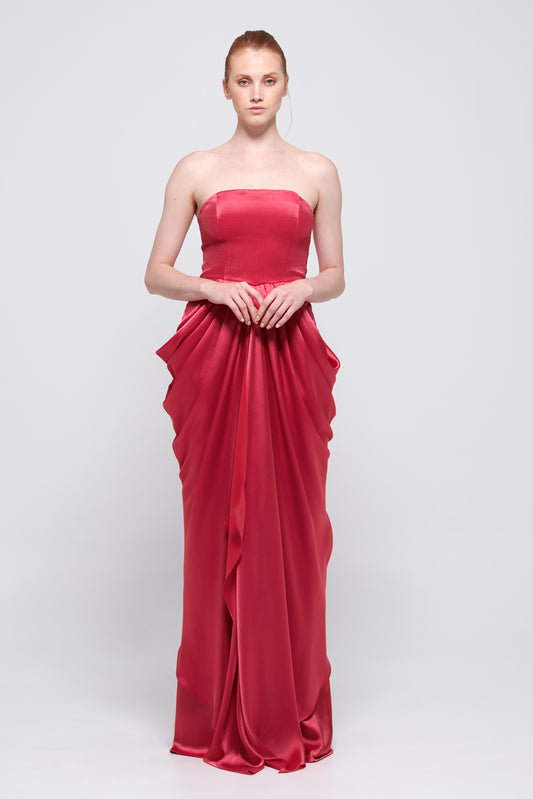 Draped Strapless Vermilion Dress