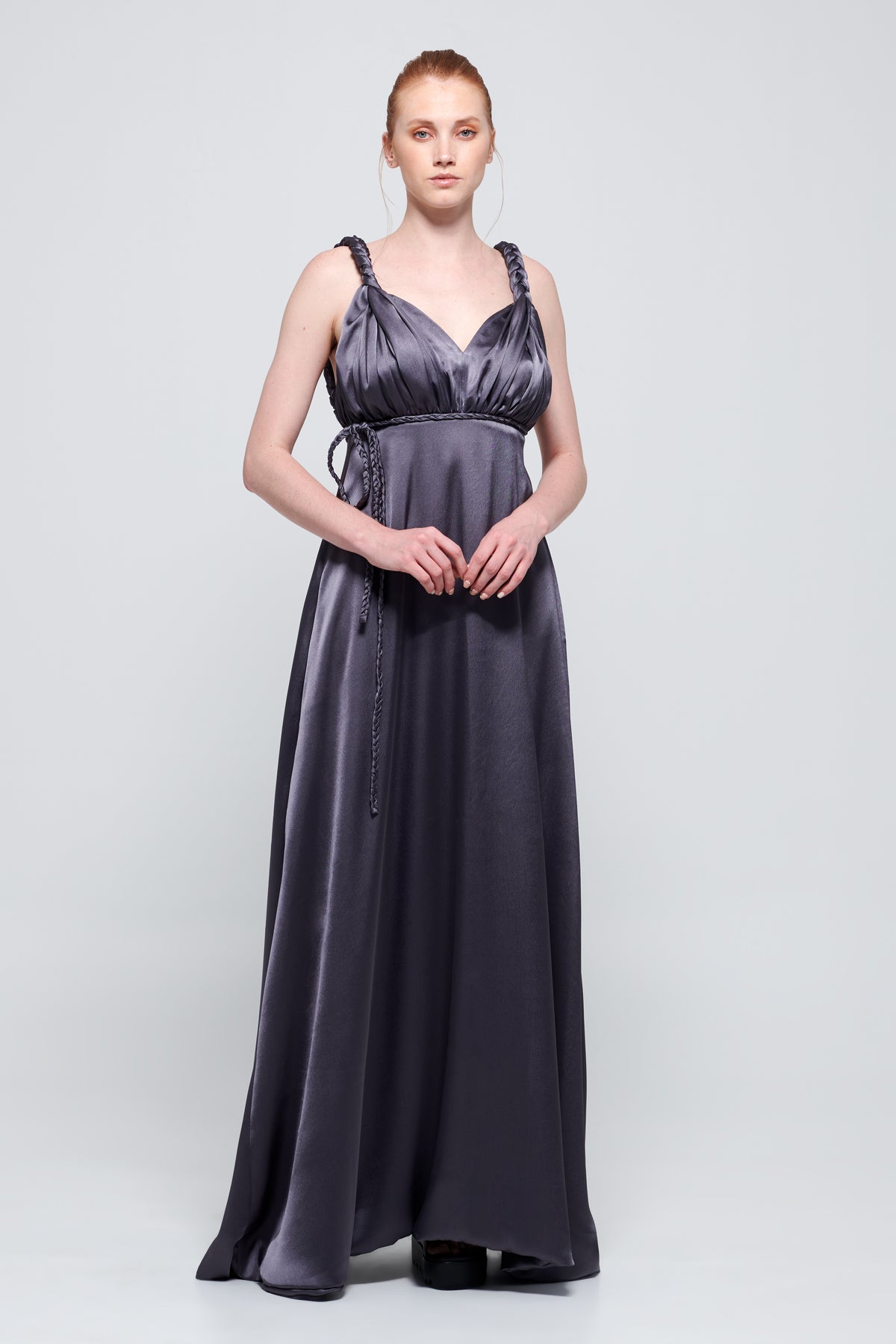 charcoal silk dress Zaria Embroidery Satin Slip Dress - Charcoal