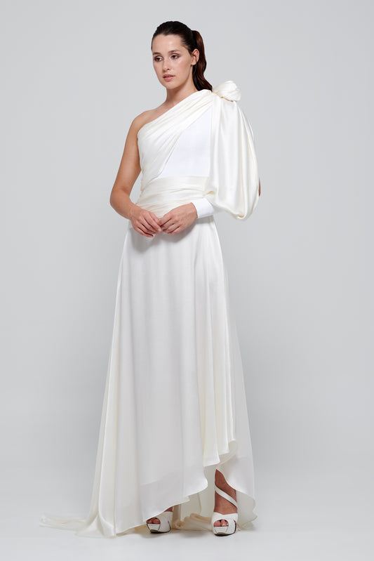One Puffy Sleeve Silk Satin Long White Dress