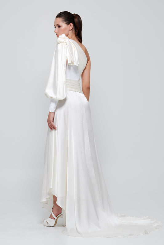 One Puffy Sleeve Silk Satin Long White Dress