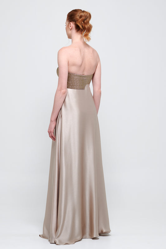 Floral Detail Strapless Mink Colored Silk Long Dress