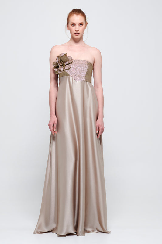 Floral Detail Strapless Mink Colored Silk Long Dress