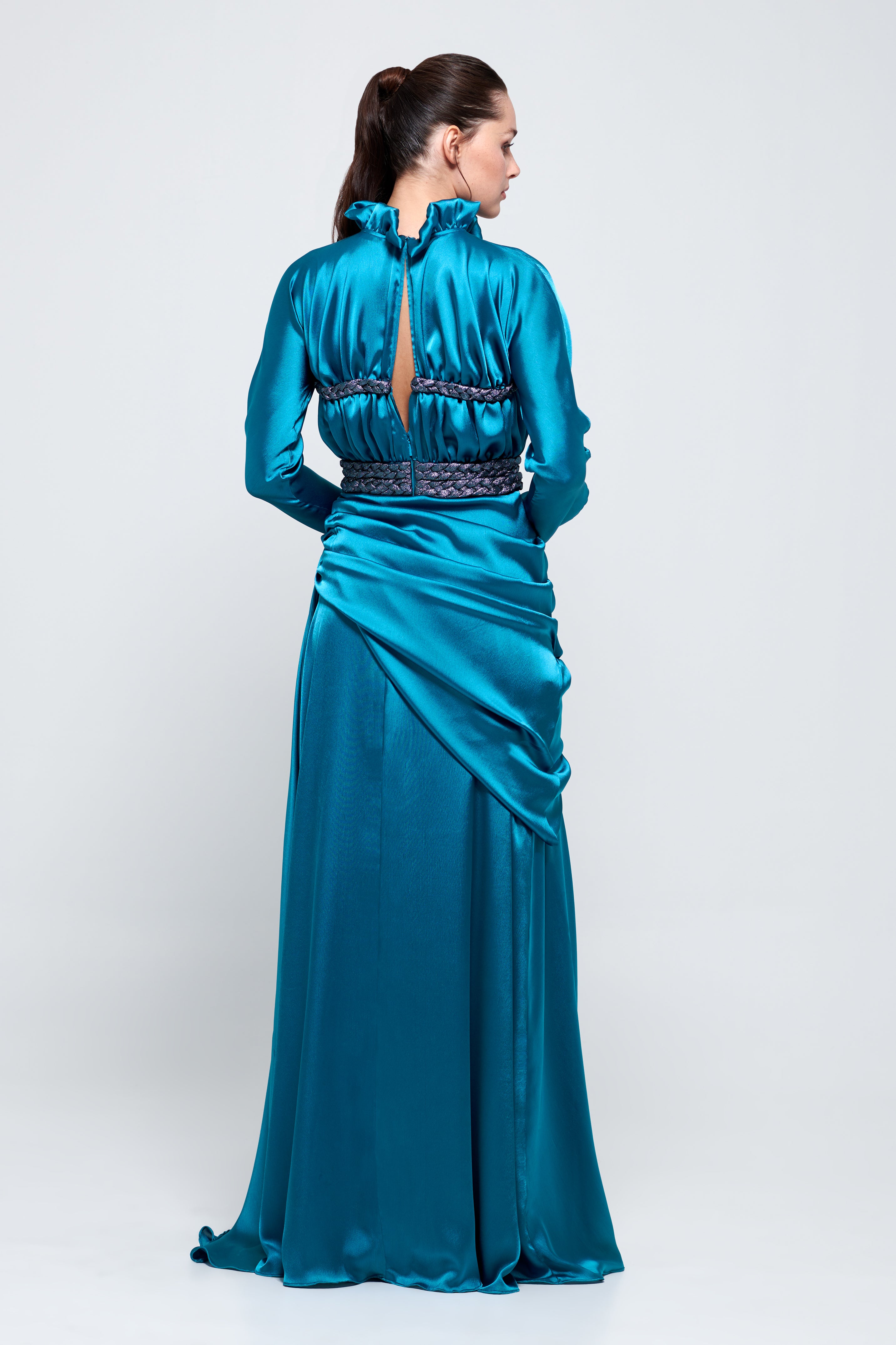 Stand Collar Draped Silk-Satin Gown