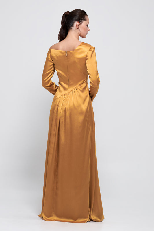 Draped Silk-Satin Asymmetric Neckline Orange Gown