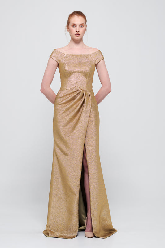 Draped Jacquard Long Dress