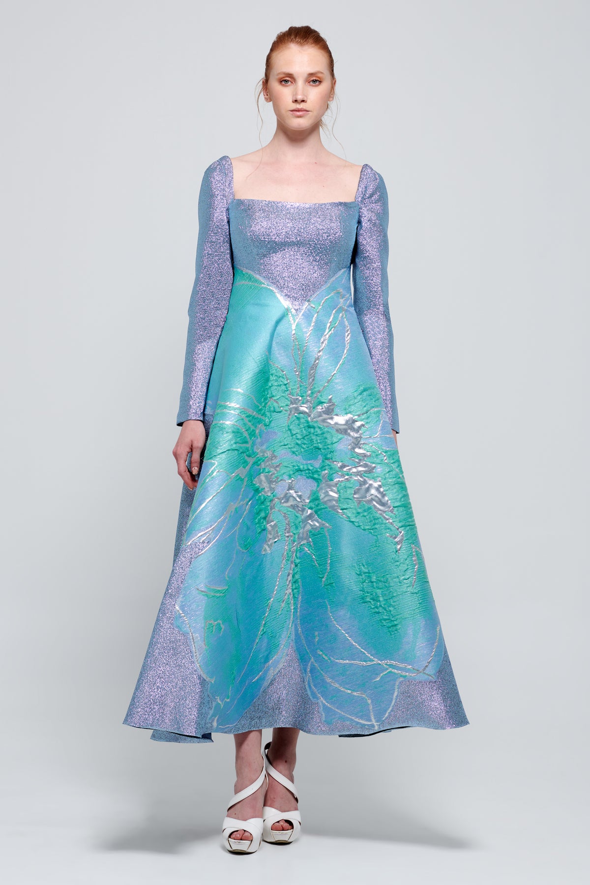 Square Neckline Midi Jacquard Dress