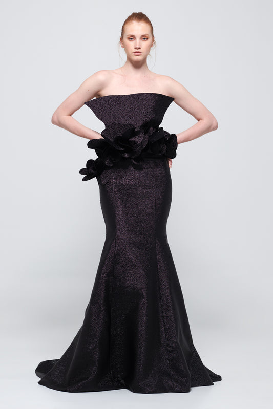 Fan Effect Long Strapless Black Gown