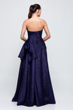 Ruffled Detail Strapless Long Navy Gown