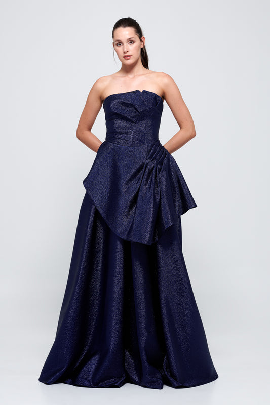 Ruffled Detail Strapless Long Navy Gown