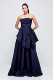 Ruffled Detail Strapless Long Navy Gown