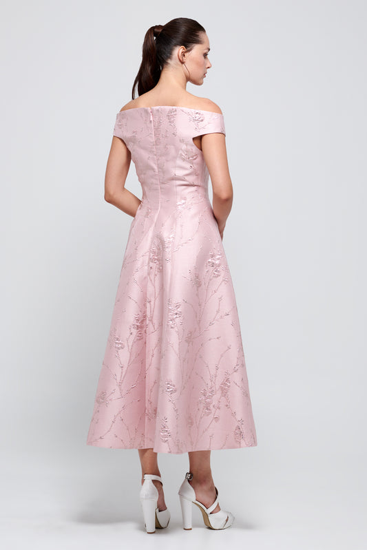 Off The Shoulder Metallic Jacquard Cocktail Dress
