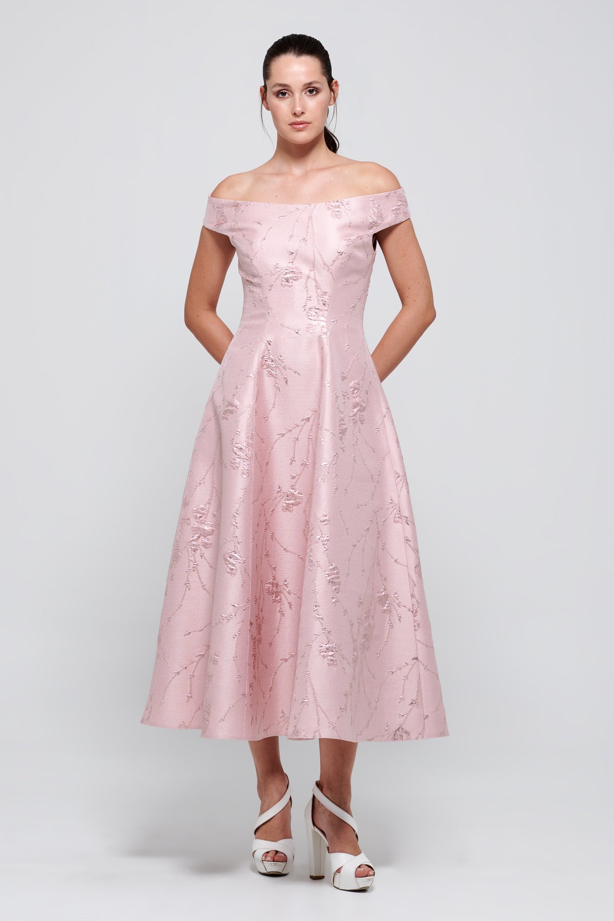 Off The Shoulder Metallic Jacquard Cocktail Dress