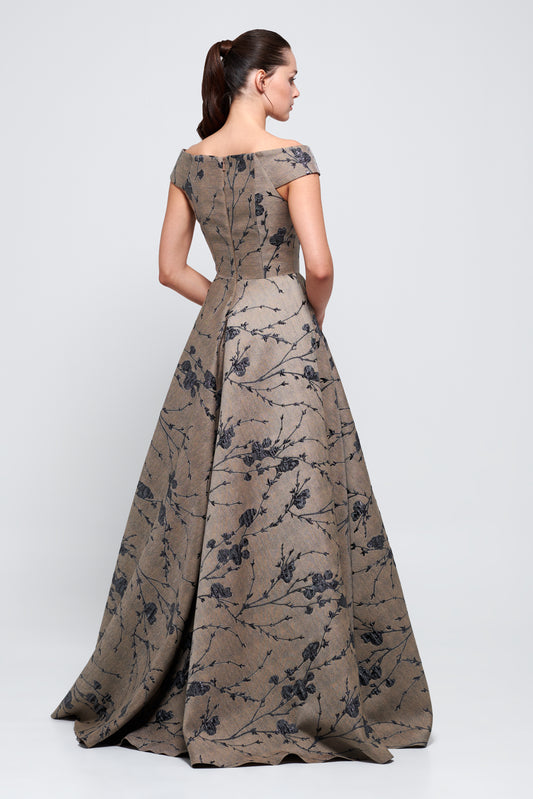 Off-The-Shoulder A-Line Long Jacquard Dress