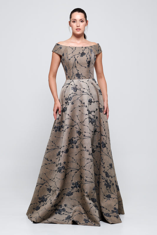 Off-The-Shoulder A-Line Long Jacquard Dress