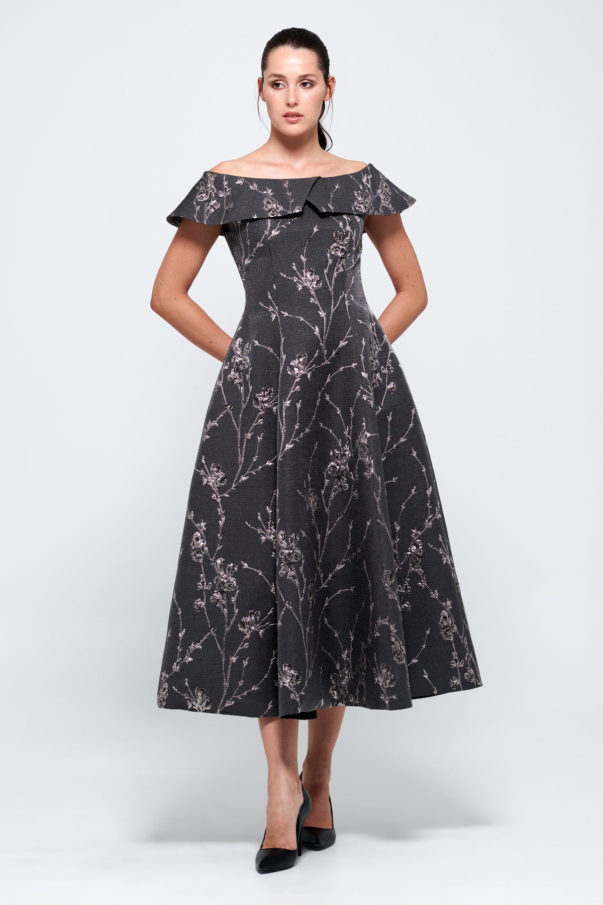 Floral Jacquard Tea-Length Dress