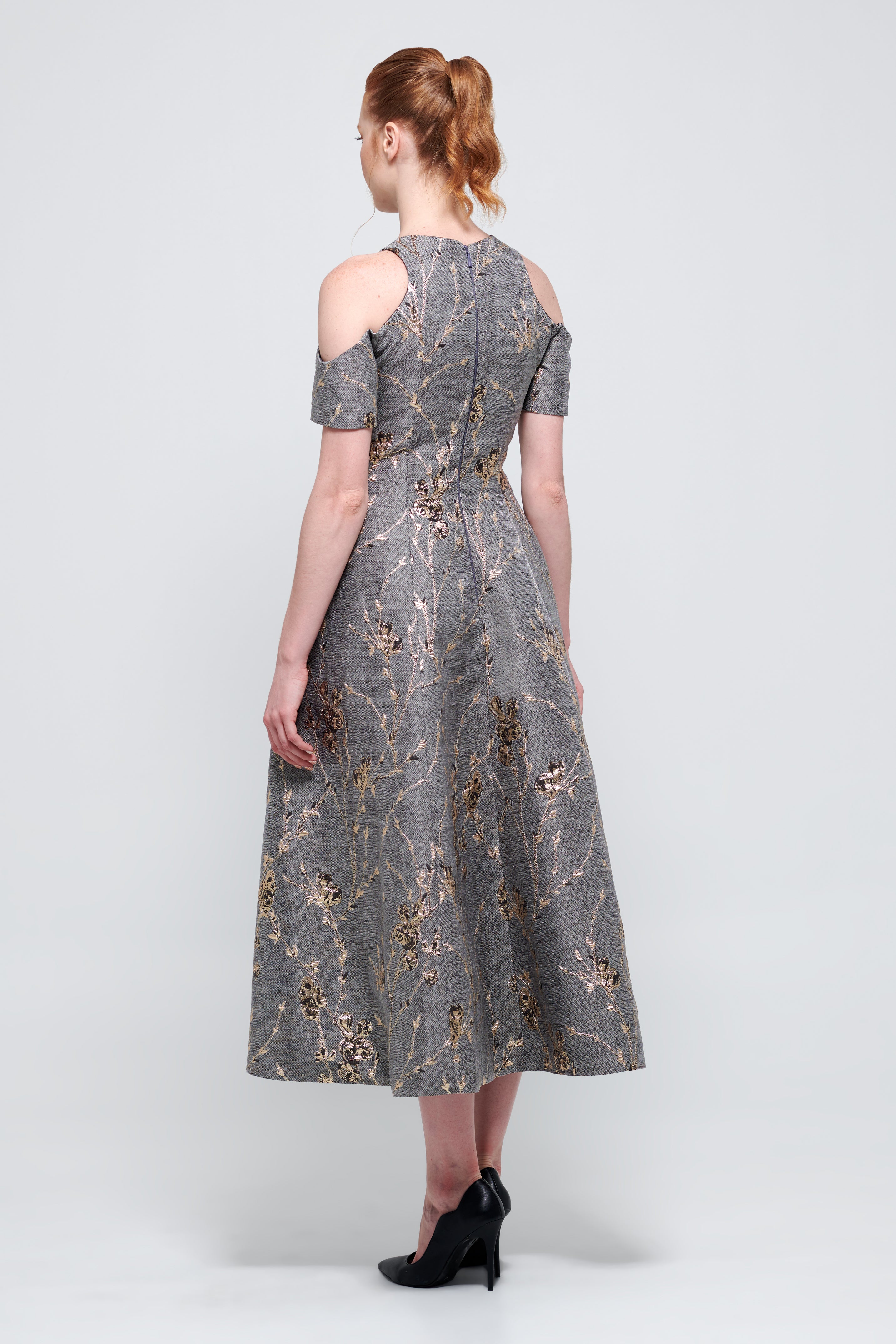 Cold Shoulder Halter Neck Detail Midi Jacquard Dress